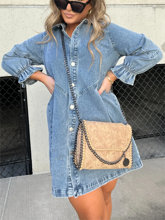 Anouk | Washed Denim Jurk met Pofmouwen